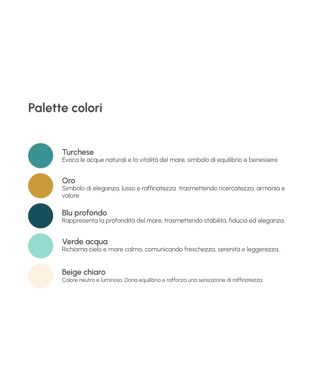Palette del brand Daniela: turchese, oro, blu profondo, verde acqua e beige chiaro