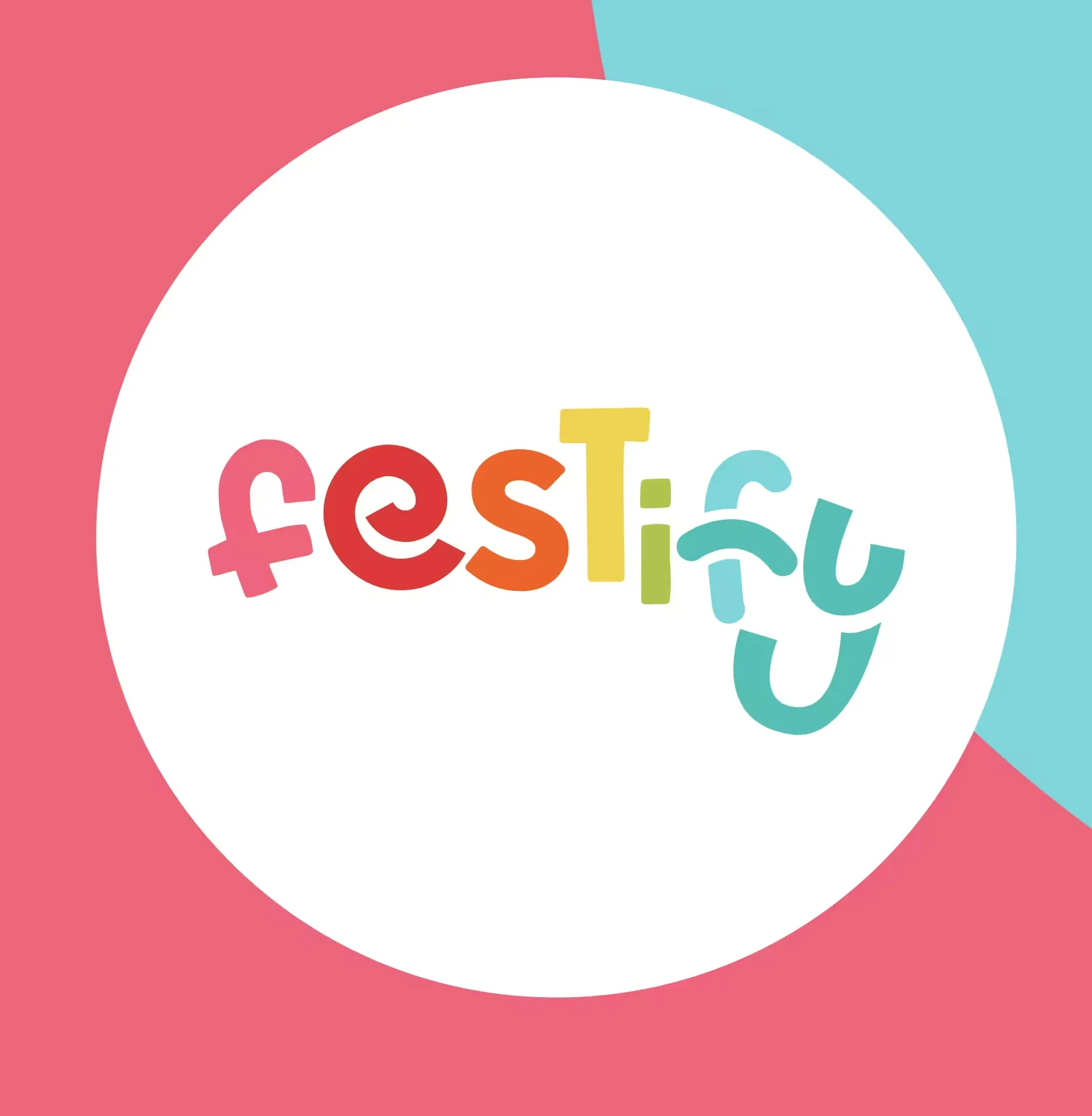 Logotipo Festify multicolore: ogni lettera ha un colore e una posizione diversa sulla linea di base