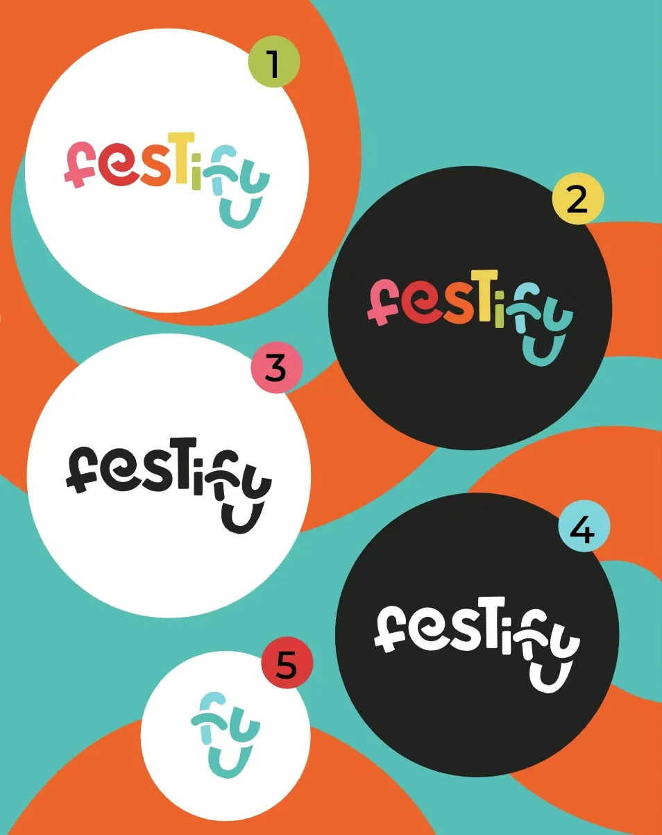 Le cinque declinazioni del marchio Festify: multicolore su bianco e su nero, monocromatico nero e bianco, monogramma fy