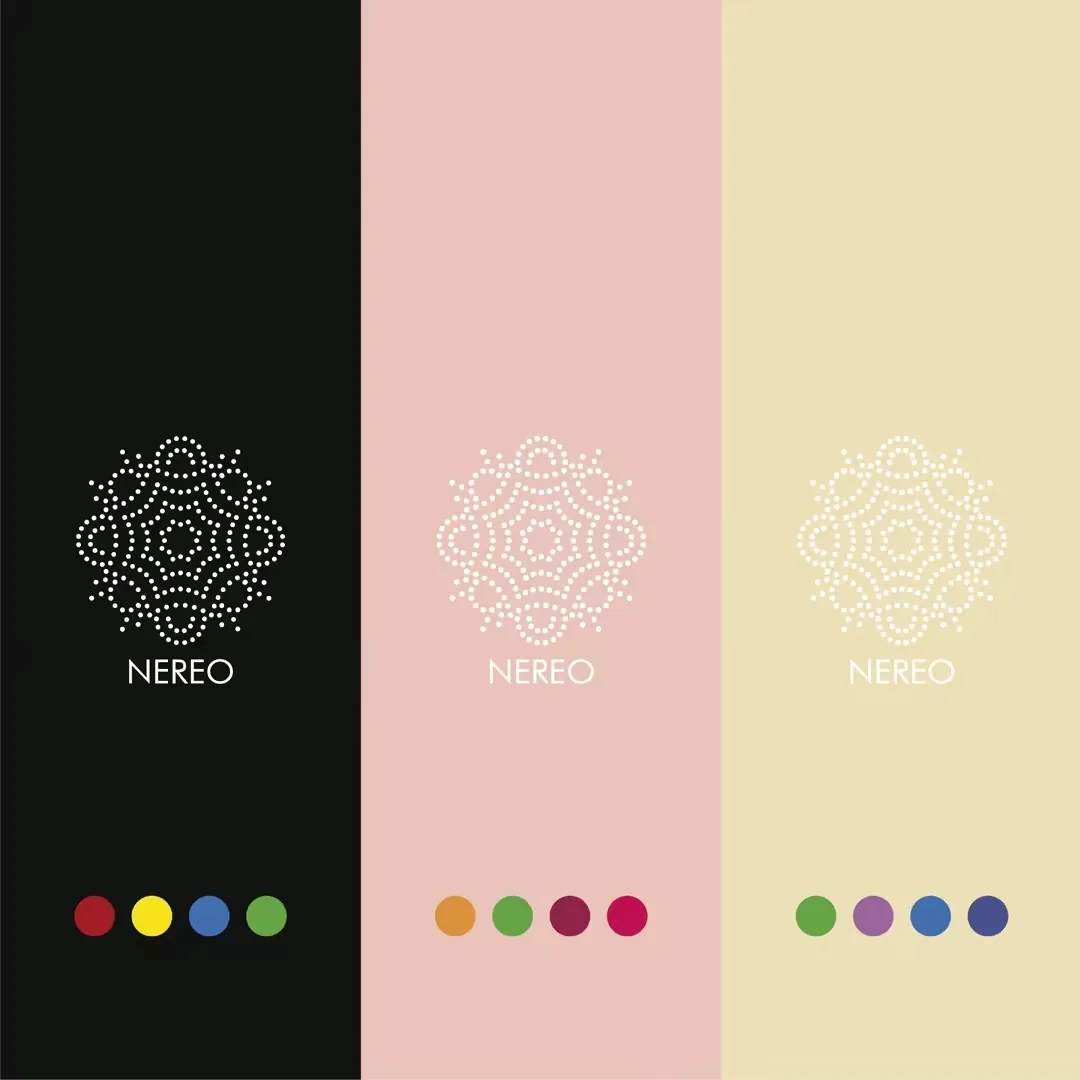 Le tre declinazioni cromatiche del brand Nereo: fondo nero, rosa cipria e avorio, ciascuna con la propria quaterna di colori